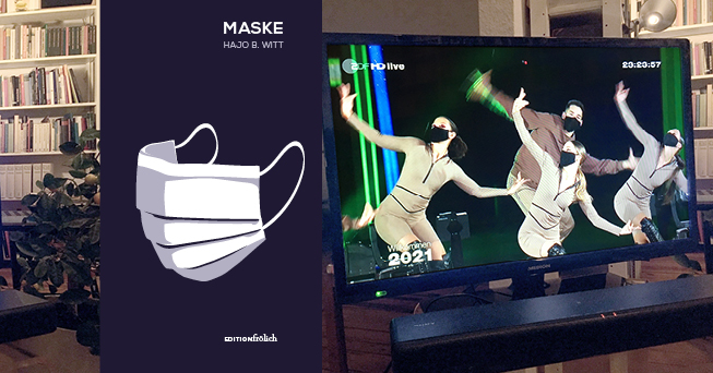 Collage aus Buchcover "Maske" und Foto einer Tanzaufführung mit maskierten Personen