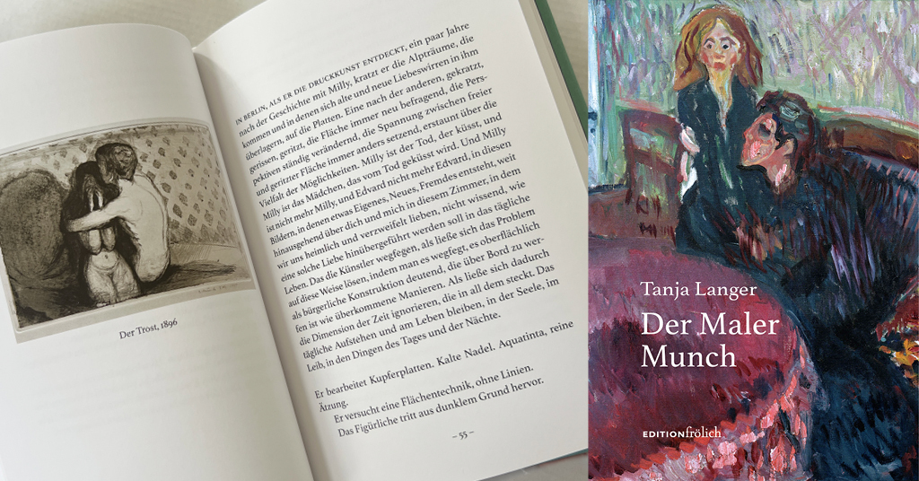 Cover Der Maler Munch mit einer aufgeschlagenen Doppelseite. Links auf der Doppelseite ist eine Radierung (Der Trost, 1896) von Edvard Munch zu sehen.