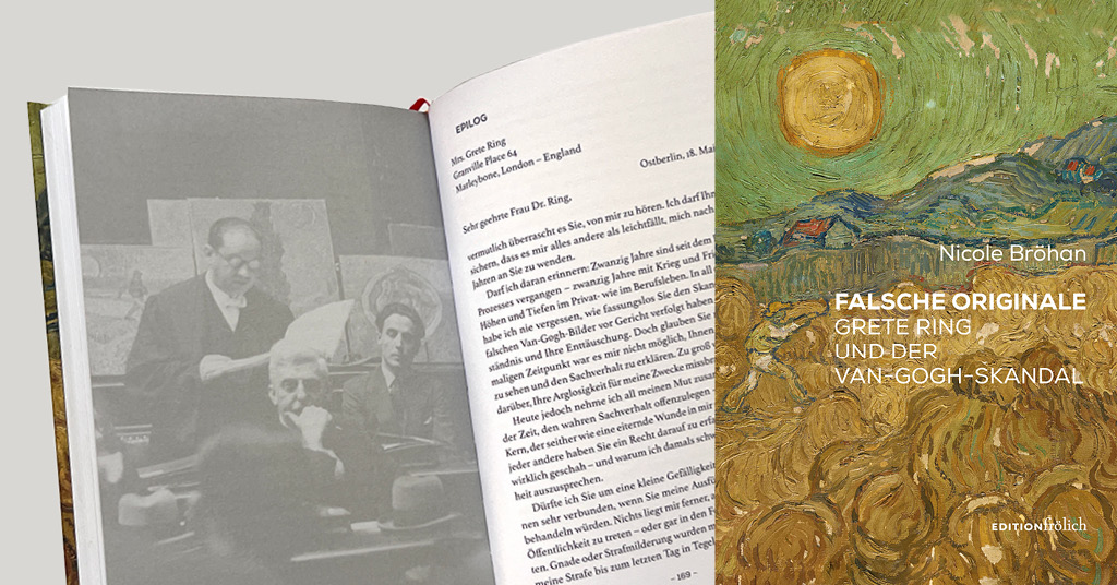 Bild mit aufgeschlagener Doppelseite aus dem Buch Falsche Originale und das Cover