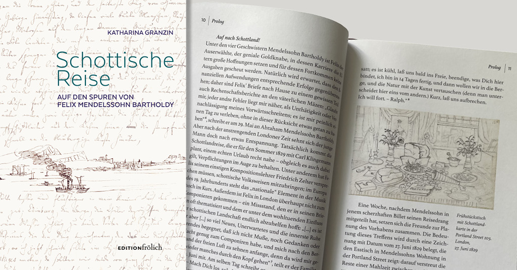 Bild mit aufgeschlagener Doppelseite aus dem Buch Schottische Reise und das Cover