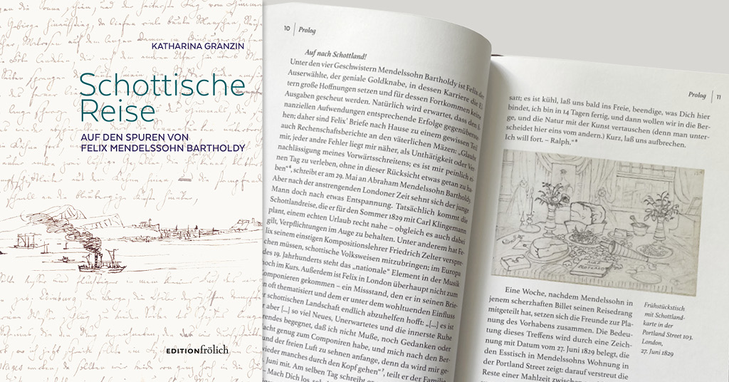 Bild mit aufgeschlagener Doppelseite aus dem Buch Schottische Reise und das Cover